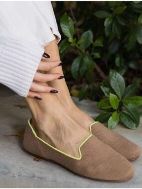 Rothy's Brown Knit Slip-On Loafers with Lime Trim